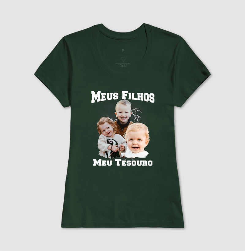 Camiseta Bootleg Personalizada Mãe Meus Filhos com fotos