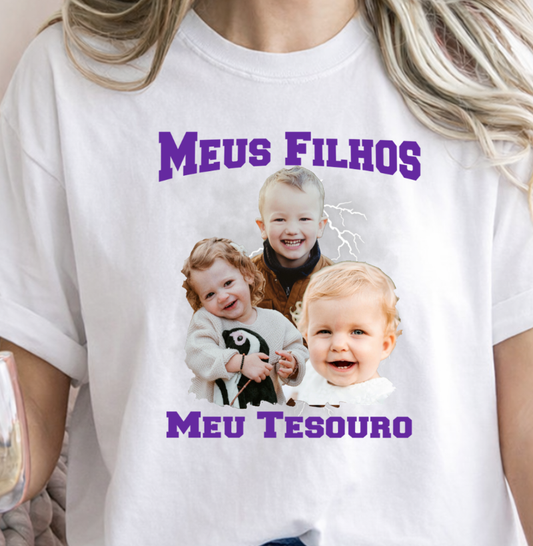 Camiseta Bootleg Personalizada Mãe Meus Filhos com fotos