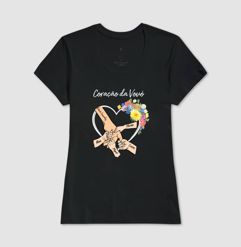 Camiseta Personalizada Coração da Vovó com as mãos dos netos