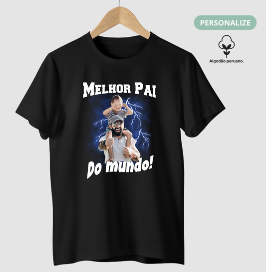 Camiseta Bootleg Personalizada - Melhor Pai do Mundo com fotos (Algodão Peruano)