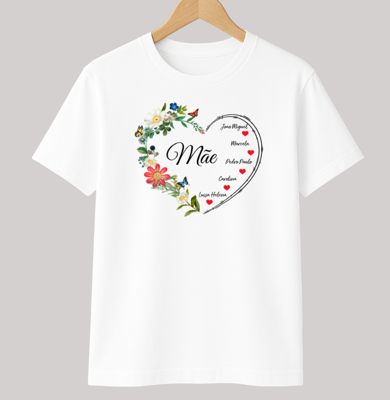 Camiseta Personalizada Coração Floral Mãe