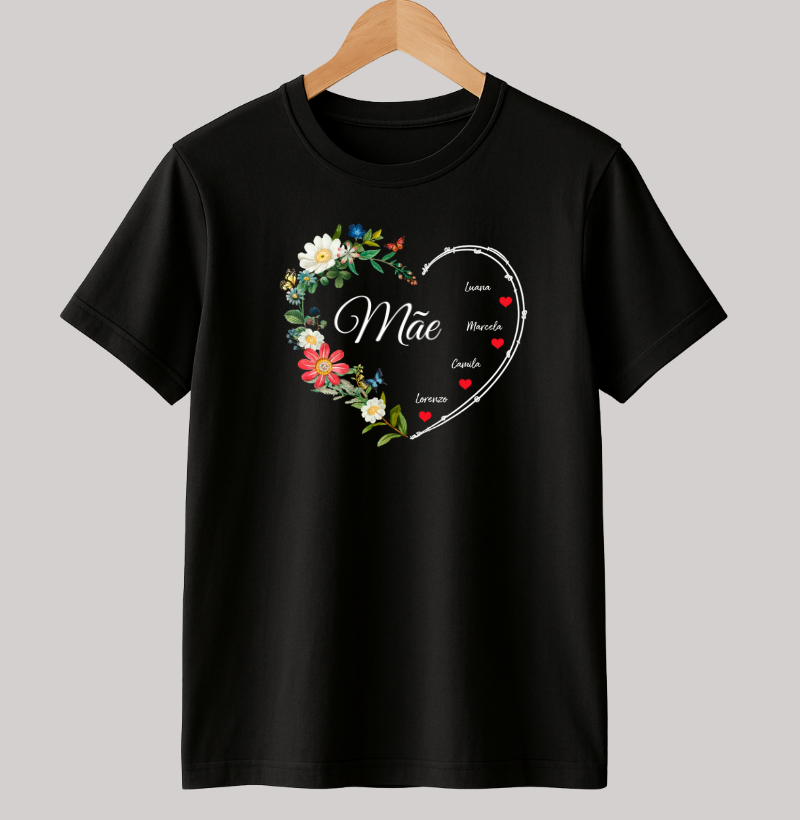 Camiseta Personalizada Coração Floral Mãe