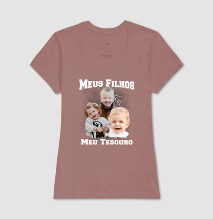 Camiseta Bootleg Personalizada Mãe Meus Filhos com fotos