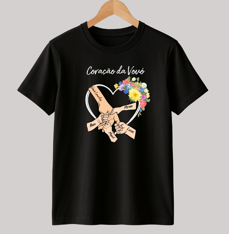 Camiseta Personalizada Coração da Vovó com as mãos dos netos