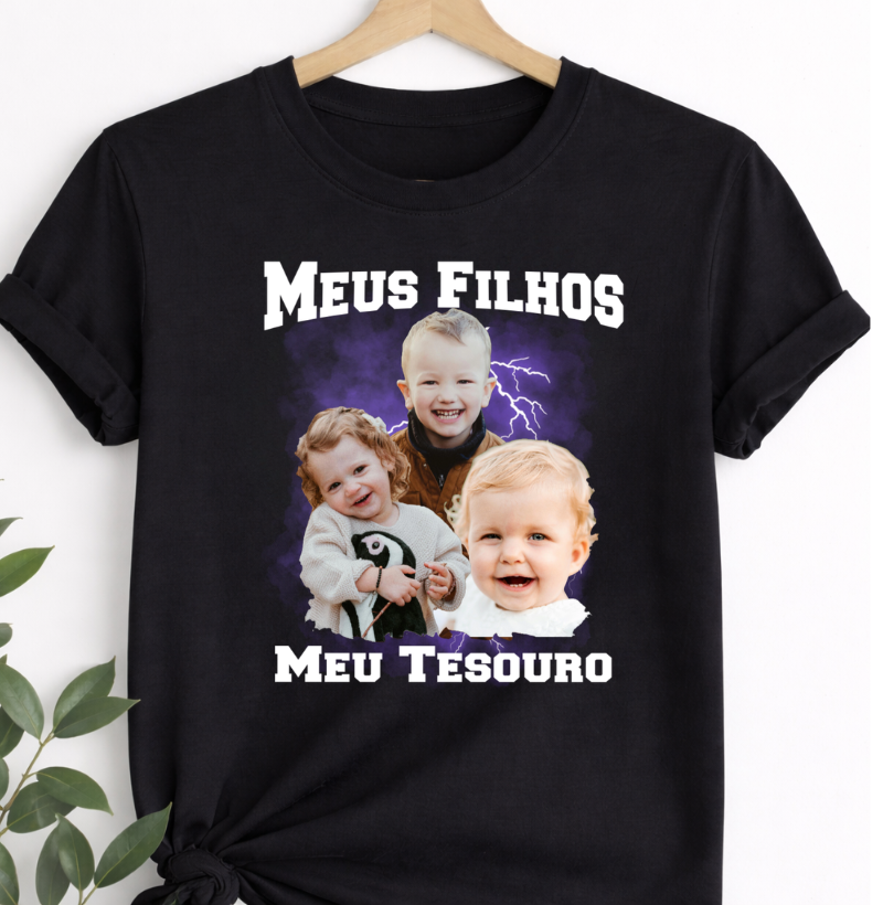 Camiseta Bootleg Personalizada Mãe Meus Filhos com fotos