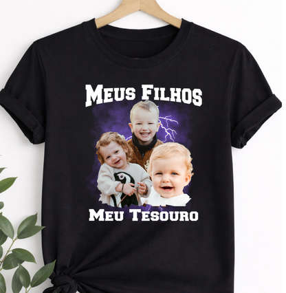 Camiseta Bootleg Personalizada Mãe Meus Filhos com fotos