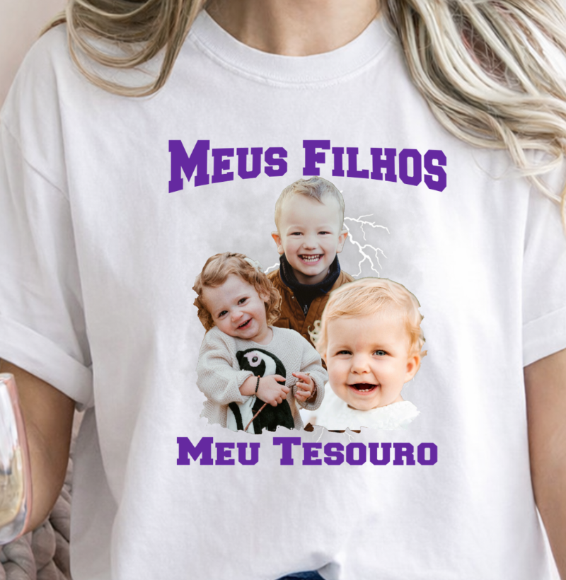 Camiseta Bootleg Personalizada Mãe Meus Filhos com fotos