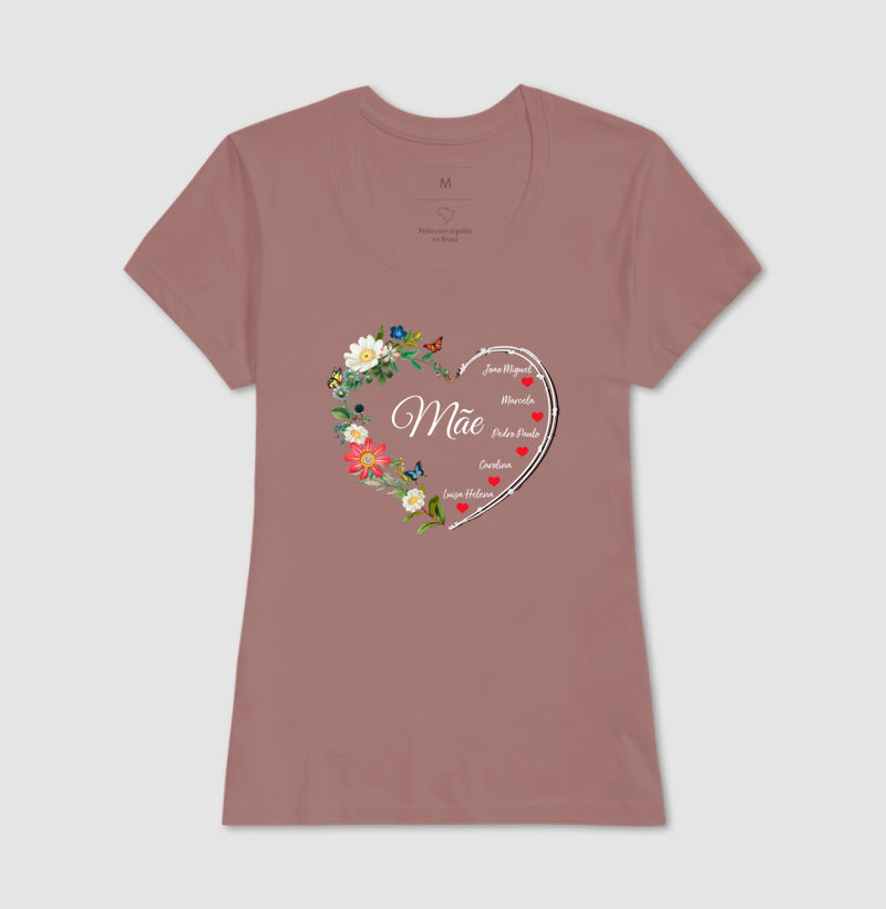 Camiseta Personalizada Coração Floral Mãe