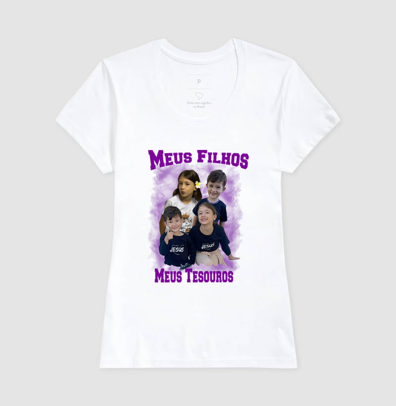 Camiseta Bootleg Personalizada Mãe Meus Filhos com fotos