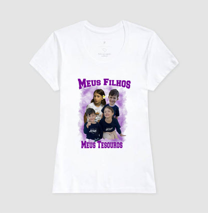 Camiseta Bootleg Personalizada Mãe Meus Filhos com fotos