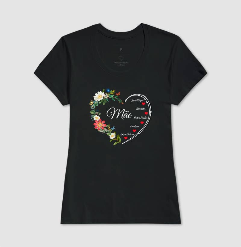 Camiseta Personalizada Coração Floral Mãe