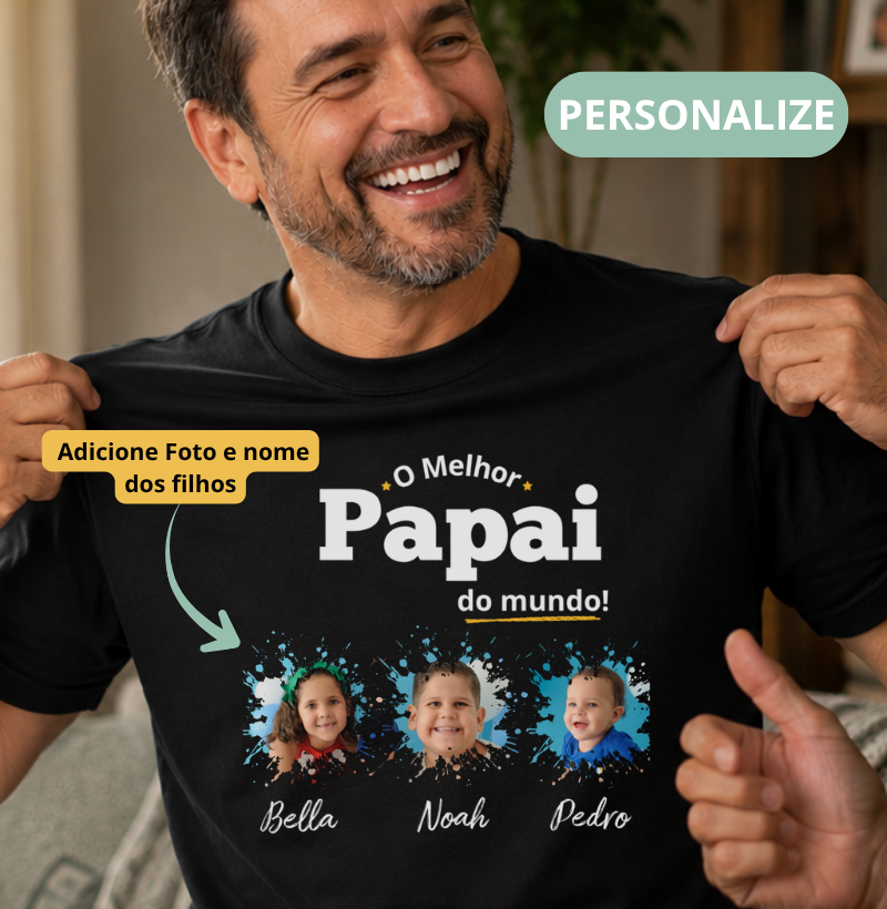 Camiseta Personalizada Melhor Papai do Mundo mini fotos